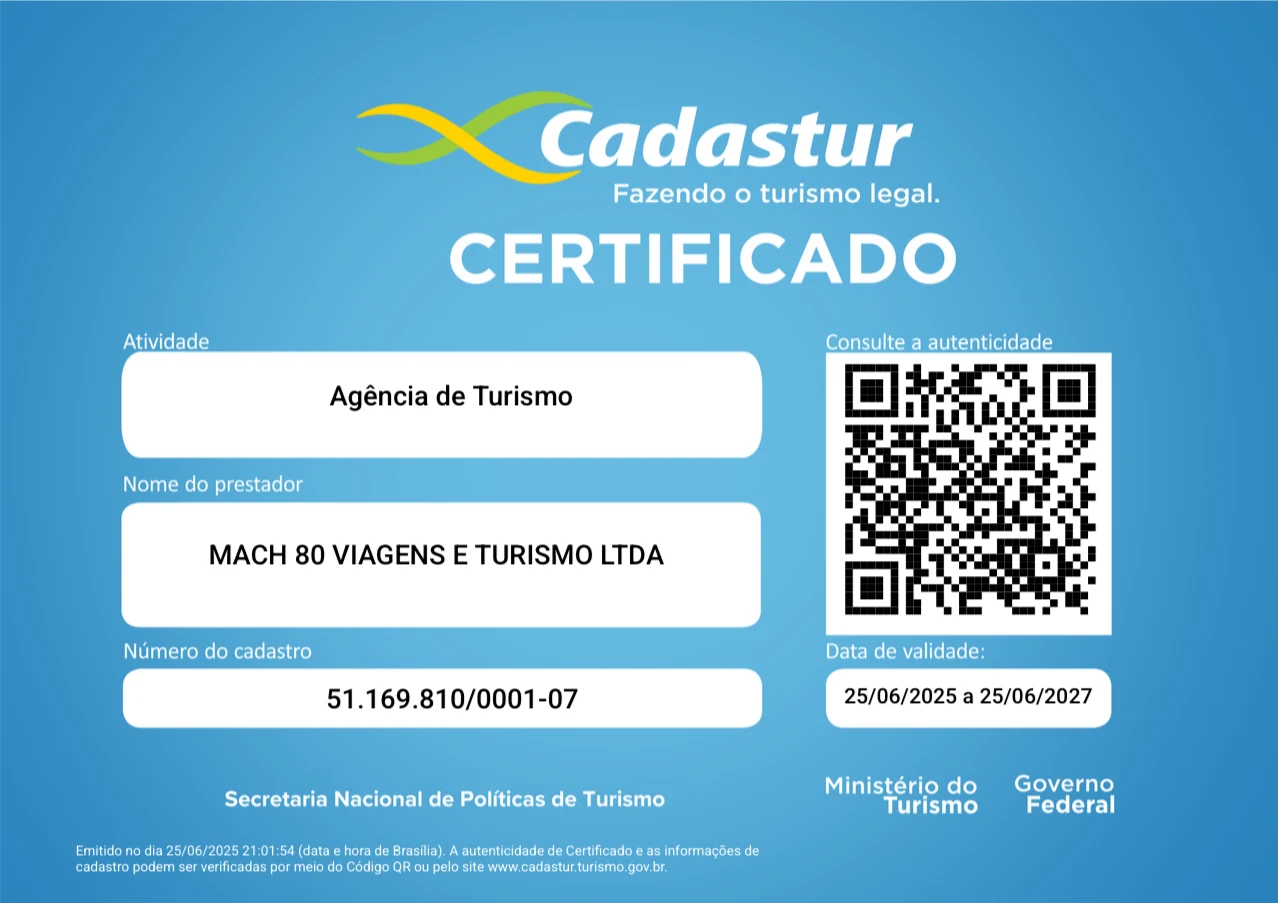 Certificado Cadastur da Mach 80 Viagens e Turismo LTDA, atividade Agência de Turismo, cadastro 51.169.810/0001-07, válido de 25/06/2025 a 25/06/2027
